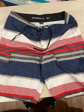 O'Neill Men’s Navy, Red & Gray Striped Boardshorts